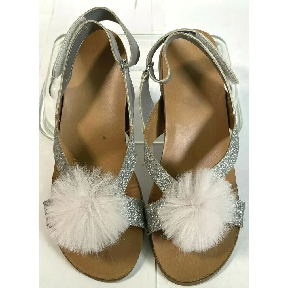 UGG Girls Pink Faux Fur Pom Pom Sandals Size 5 Fonda‎ Glitter Pink Silver